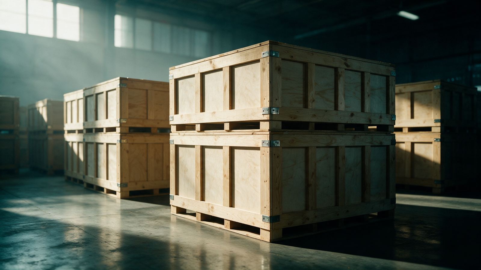 Cajas de embalaje de madera y triplay estibadas en una nave