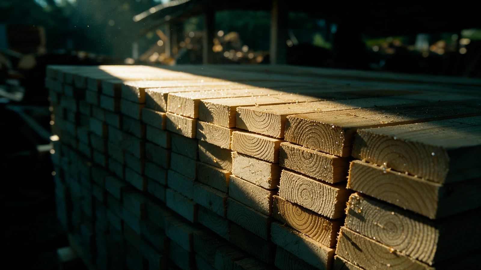 Paquetes de madera de pino recién aserrada
